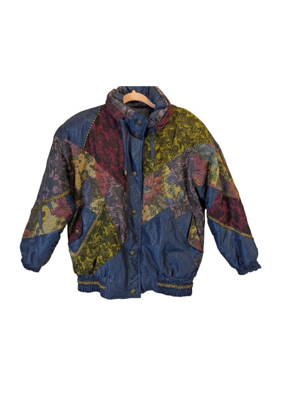 Vintage 80s Izzi Tapestry Patchwork Puffer Jacket M Oversize Boho Ski Coat Retro